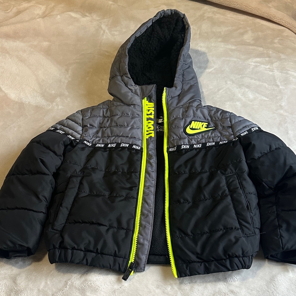 Nike Kids Black and Gray Puffer Jacket with Neon Accents